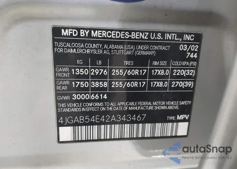 2002 Mercedes-Benz Ml 320 из США, поврежденный, VIN 4JGAB54E42A343467